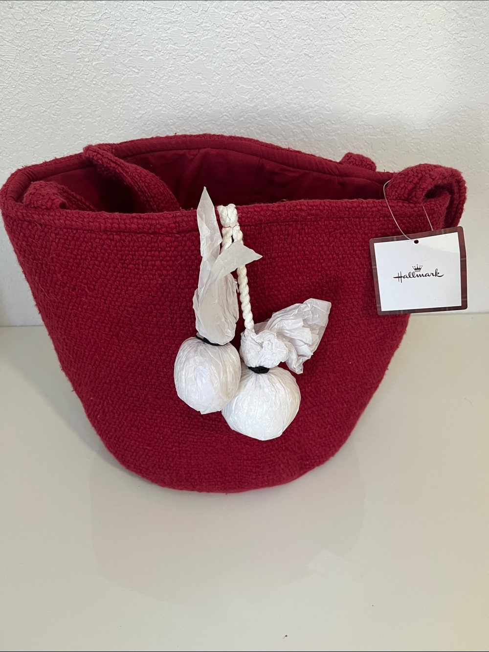 Hallmark Burgundy Knit Tote with White Pom Accents